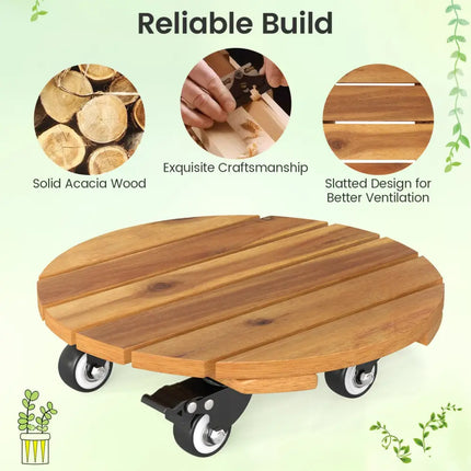 Heavy Duty Acacia Wood Rolling Plant Stand with 360° Lockable Casters-Set of 2 - Plant Stands