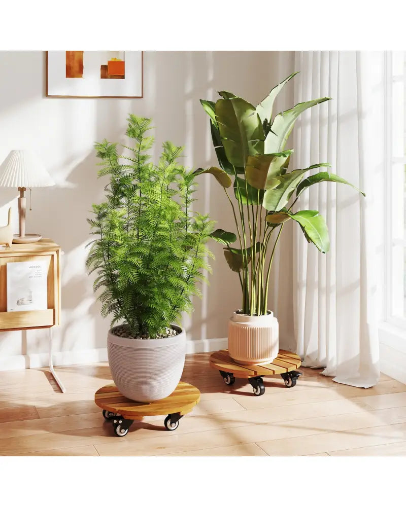 Heavy Duty Acacia Wood Rolling Plant Stand with 360° Lockable Casters-Set of 2 - Plant Stands