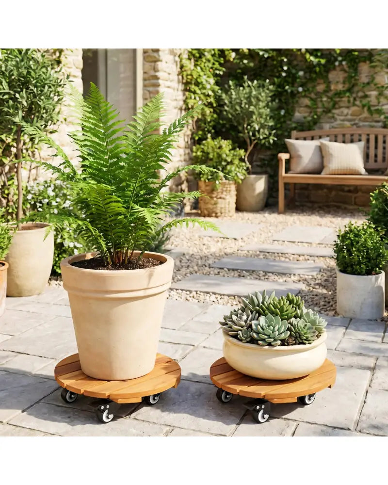 Heavy Duty Acacia Wood Rolling Plant Stand with 360° Lockable Casters-Set of 2 - Plant Stands