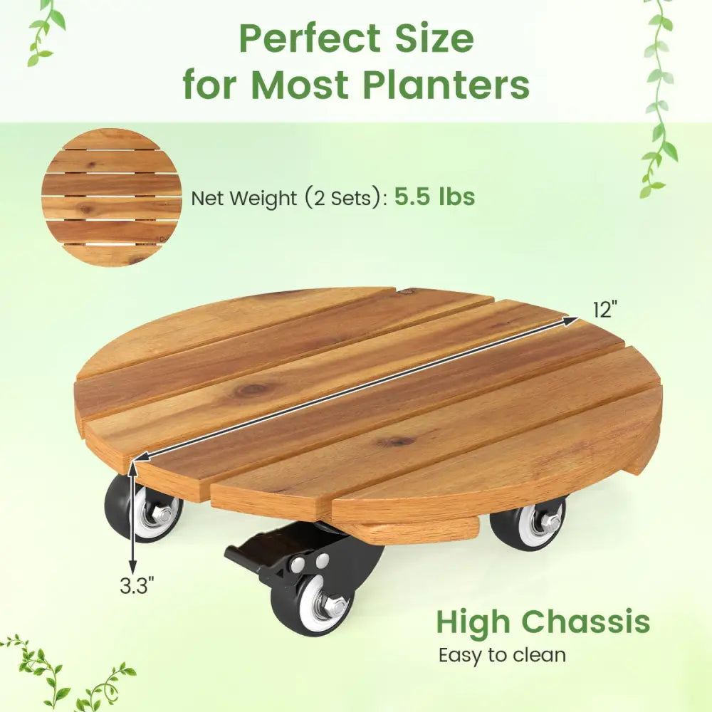 Heavy Duty Acacia Wood Rolling Plant Stand with 360° Lockable Casters-Set of 4 - Plant Stands