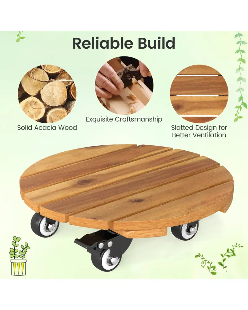 Heavy Duty Acacia Wood Rolling Plant Stand with 360° Lockable Casters-Set of 2 - Plant Stands
