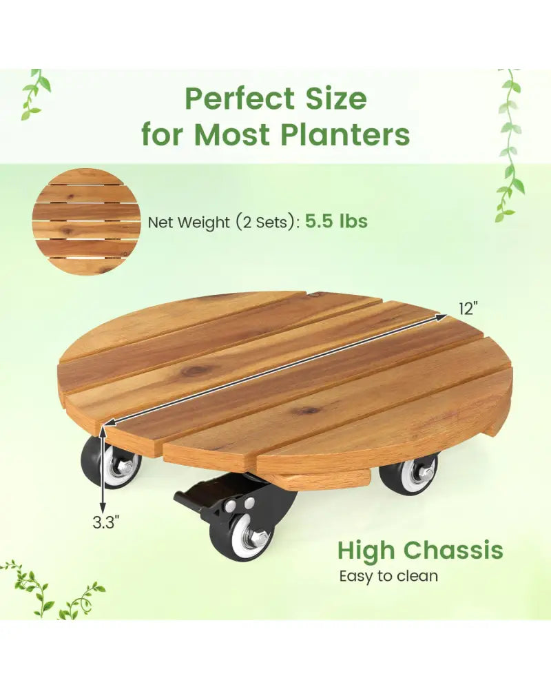 Heavy Duty Acacia Wood Rolling Plant Stand with 360° Lockable Casters-Set of 2 - Plant Stands
