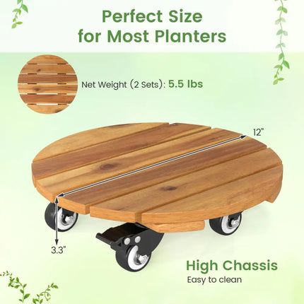 Heavy Duty Acacia Wood Rolling Plant Stand with 360° Lockable Casters-Set of 2 - Plant Stands
