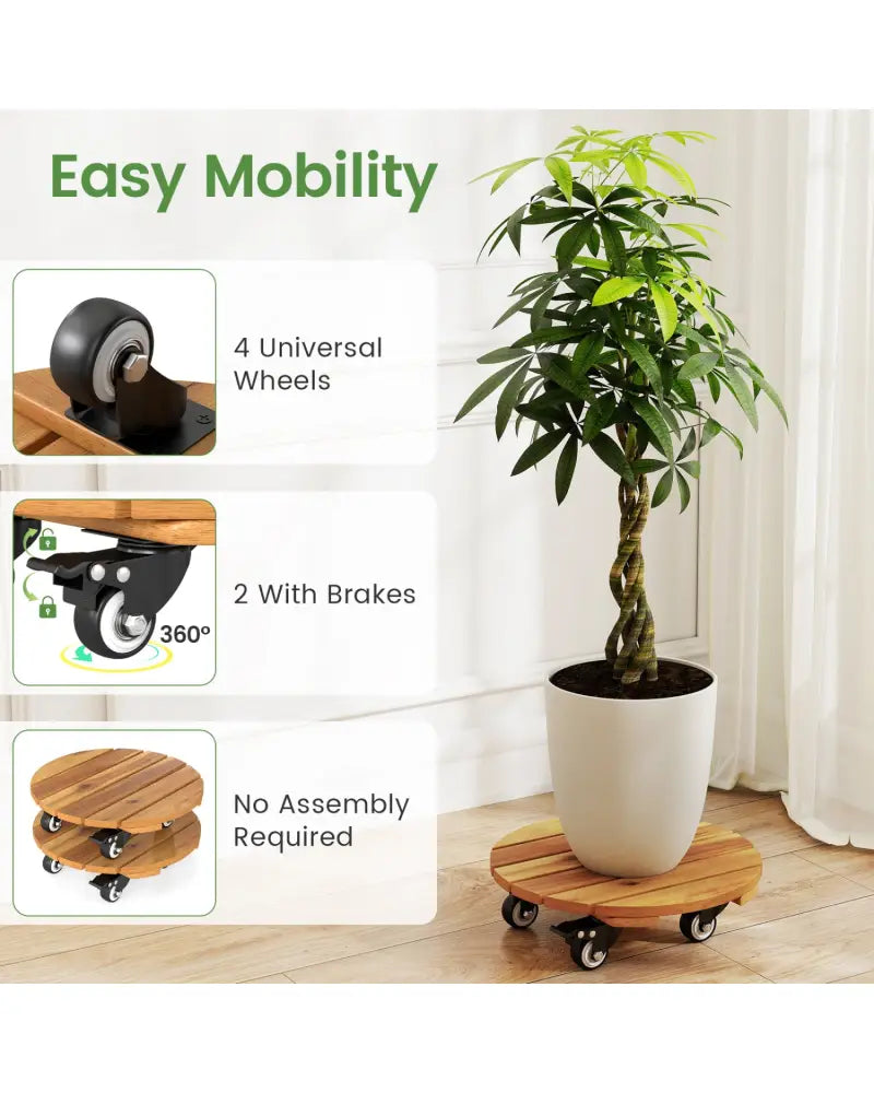 Heavy Duty Acacia Wood Rolling Plant Stand with 360° Lockable Casters-Set of 2 - Plant Stands