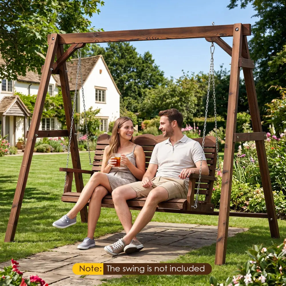 Heavy-Duty Carbonized Fir Wood Swing Frame with Reinforced Bars and 2 Hanging Rings-Brown - Brown - Porch Swings