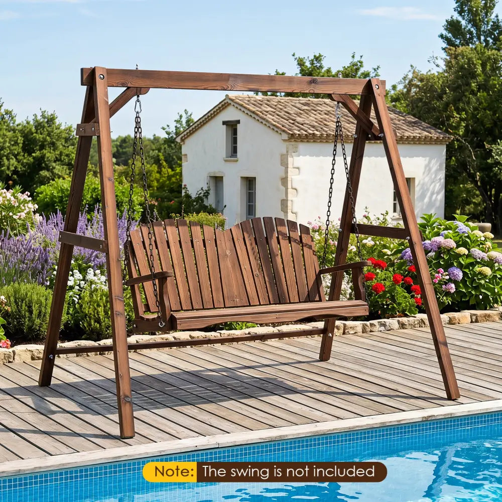 Heavy-Duty Carbonized Fir Wood Swing Frame with Reinforced Bars and 2 Hanging Rings-Brown - Brown - Porch Swings