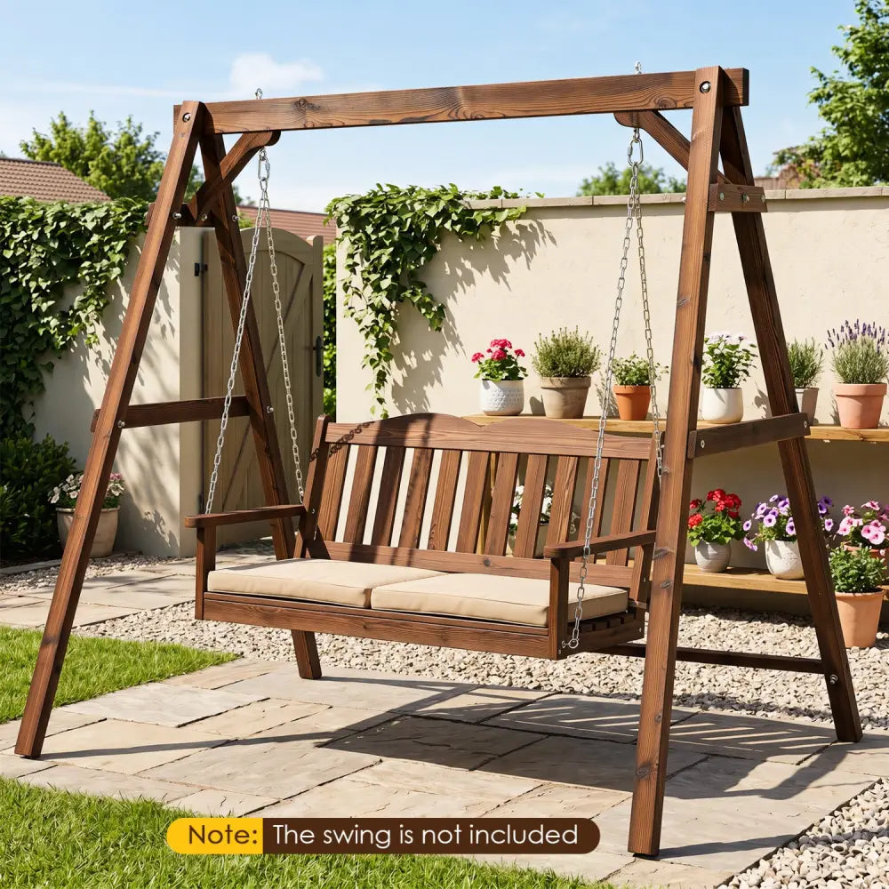 Heavy-Duty Carbonized Fir Wood Swing Frame with Reinforced Bars and 2 Hanging Rings-Brown - Brown - Porch Swings