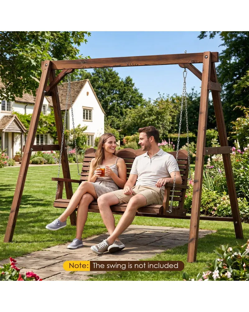 Heavy-Duty Carbonized Fir Wood Swing Frame with Reinforced Bars and 2 Hanging Rings-Brown - Brown - Porch Swings