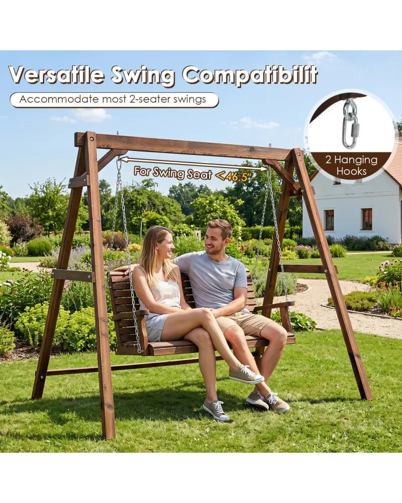 Heavy-Duty Carbonized Fir Wood Swing Frame with Reinforced Bars and 2 Hanging Rings-Brown - Brown - Porch Swings