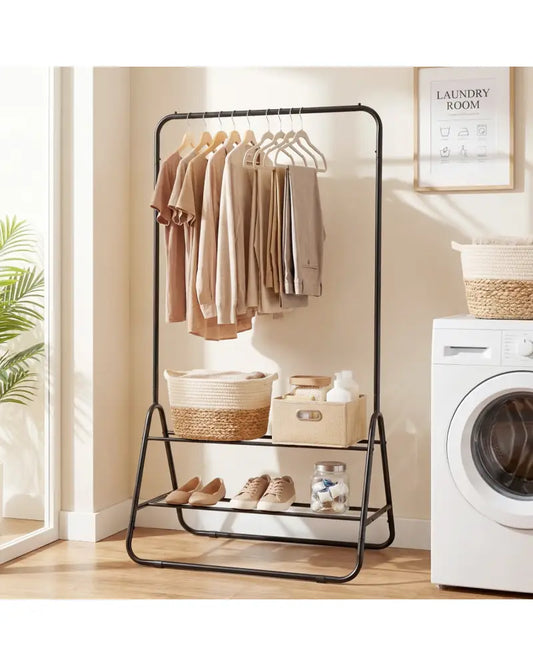 Heavy Duty Clothes Rack with Hanging Rod and Storage Shelves-Black - Black - Clothing & Closet Storage