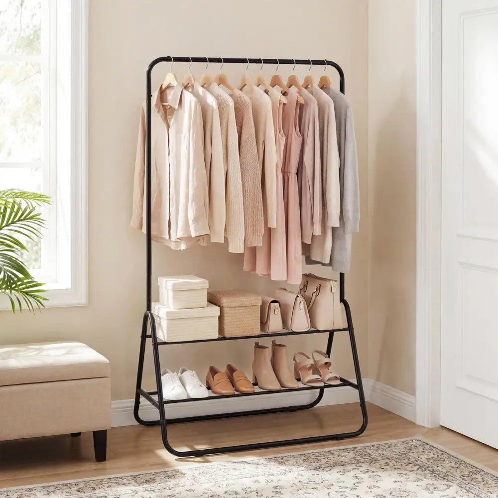 Heavy Duty Clothes Rack with Hanging Rod and Storage Shelves-Black - Black - Clothing & Closet Storage