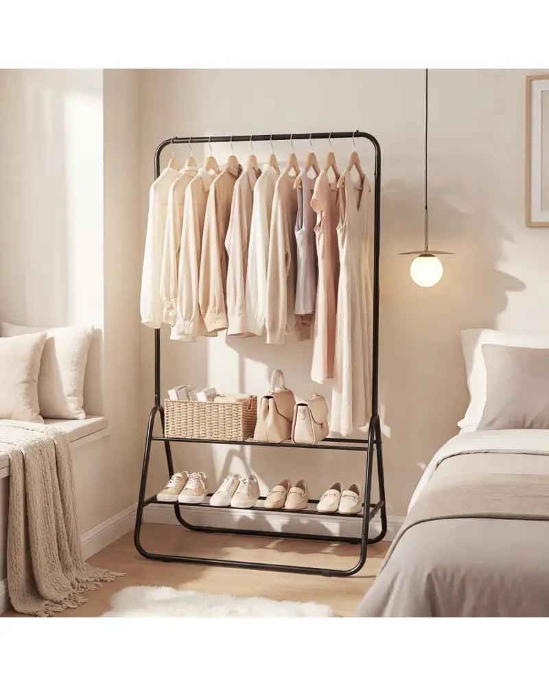 Heavy Duty Clothes Rack with Hanging Rod and Storage Shelves-Black - Black - Clothing & Closet Storage