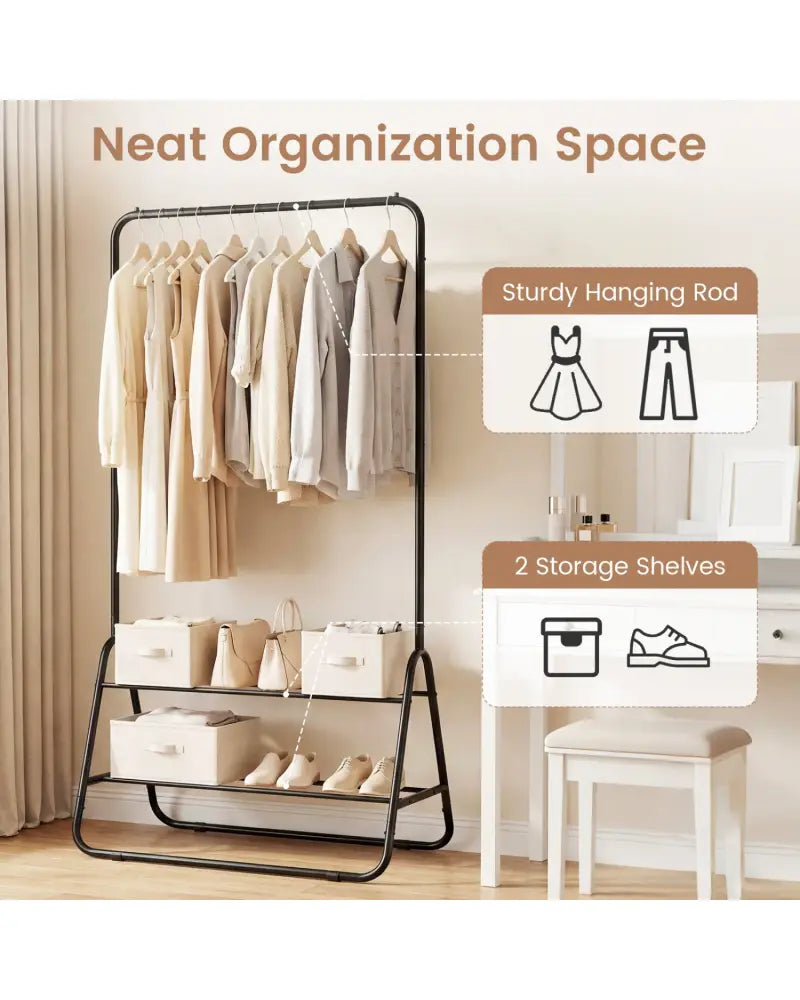 Heavy Duty Clothes Rack with Hanging Rod and Storage Shelves-Black - Black - Clothing & Closet Storage