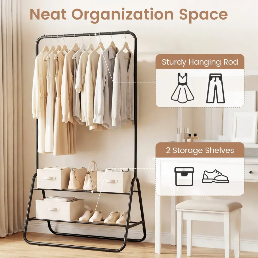Heavy Duty Clothes Rack with Hanging Rod and Storage Shelves-Black - Black - Clothing & Closet Storage