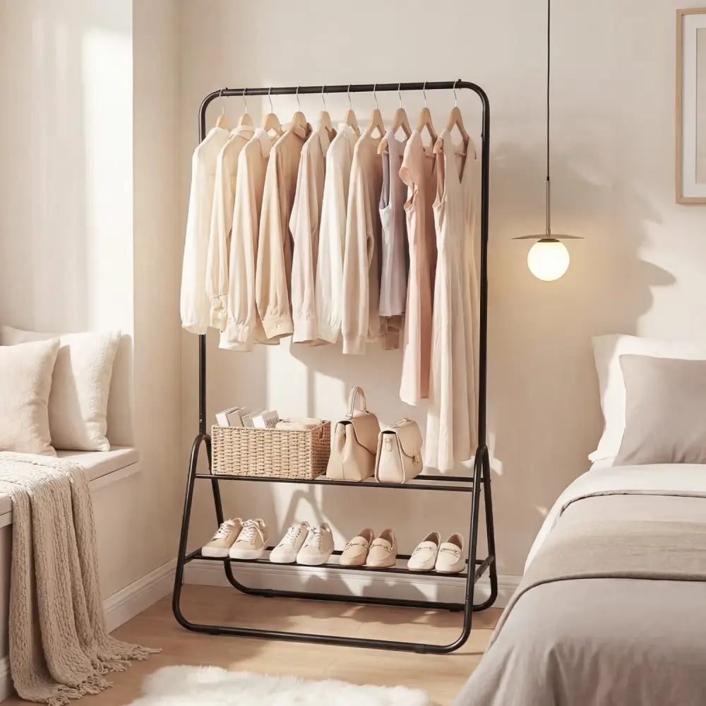 Heavy Duty Clothes Rack with Hanging Rod and Storage Shelves-Black - Black - Clothing & Closet Storage