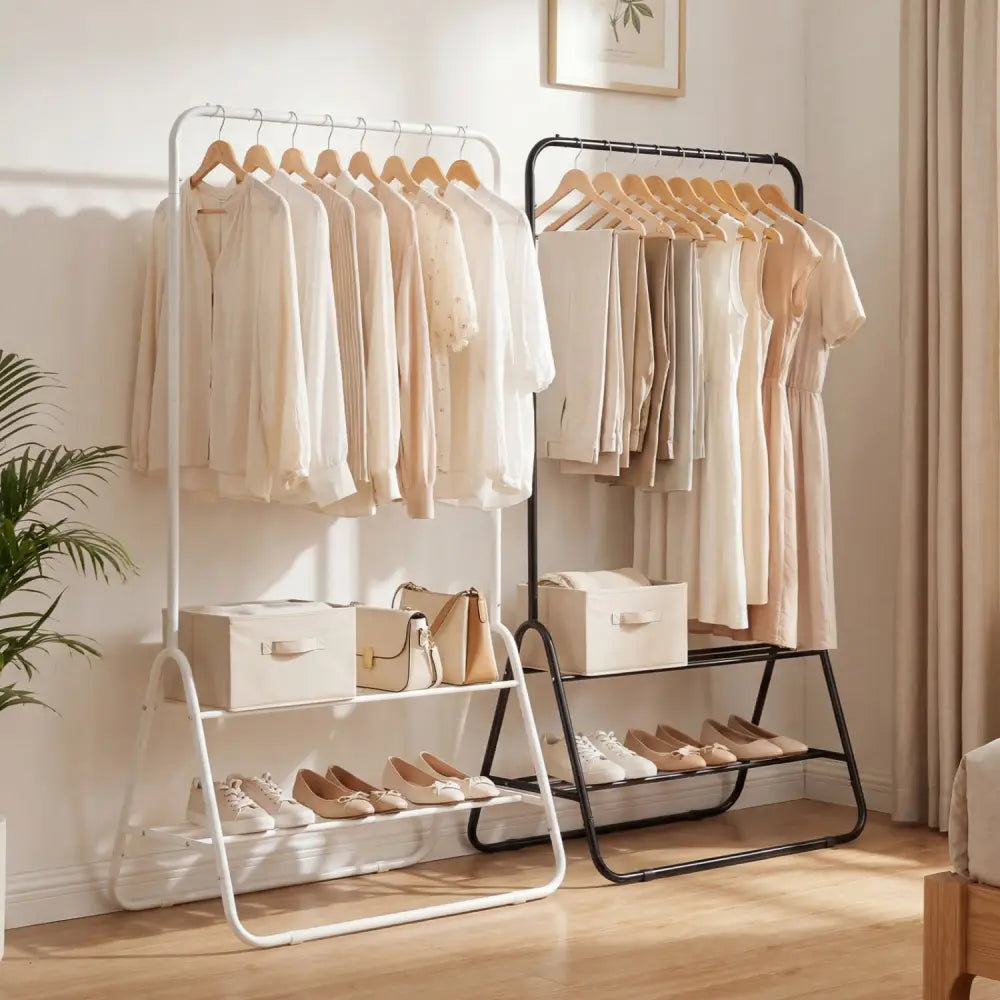 Heavy Duty Clothes Rack with Hanging Rod and Storage Shelves-White - White - Clothing & Closet Storage