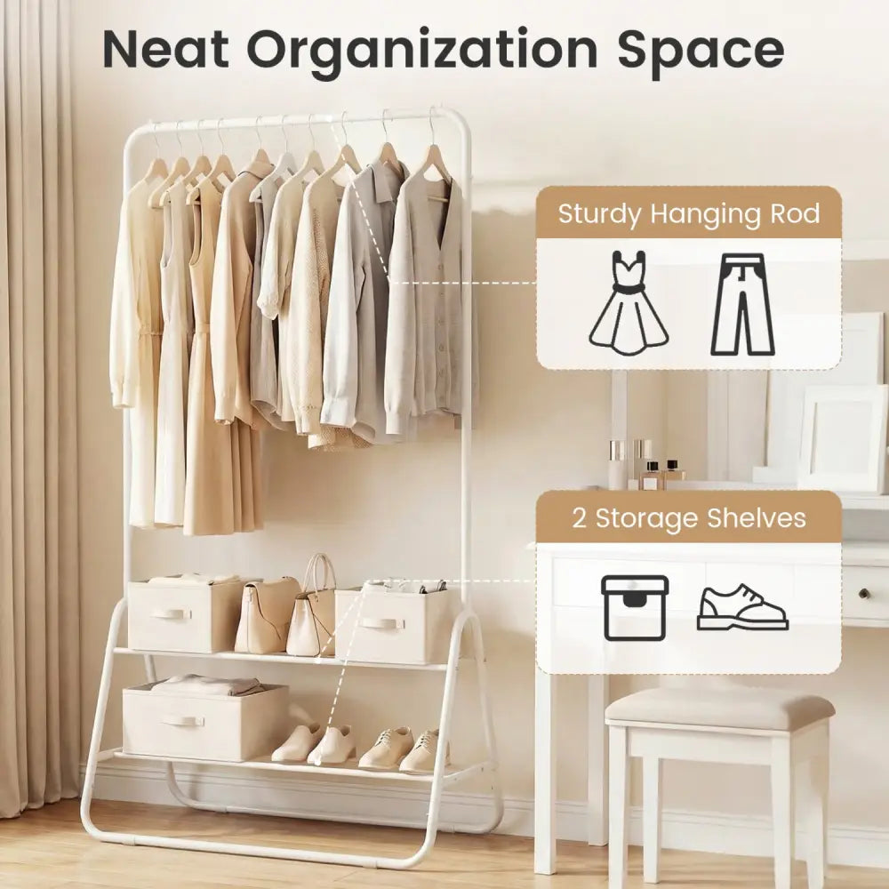 Heavy Duty Clothes Rack with Hanging Rod and Storage Shelves-White - White - Clothing & Closet Storage