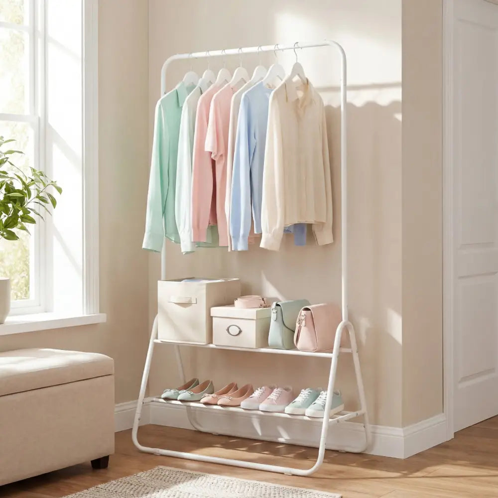 Heavy Duty Clothes Rack with Hanging Rod and Storage Shelves-White - White - Clothing & Closet Storage