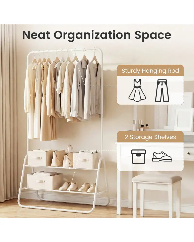 Heavy Duty Clothes Rack with Hanging Rod and Storage Shelves-White - White - Clothing & Closet Storage