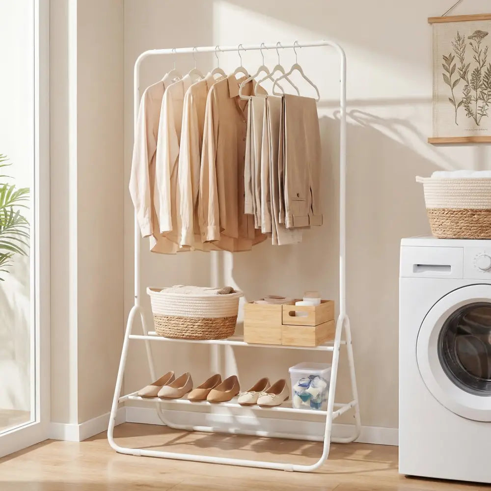 Heavy Duty Clothes Rack with Hanging Rod and Storage Shelves-White - White - Clothing & Closet Storage