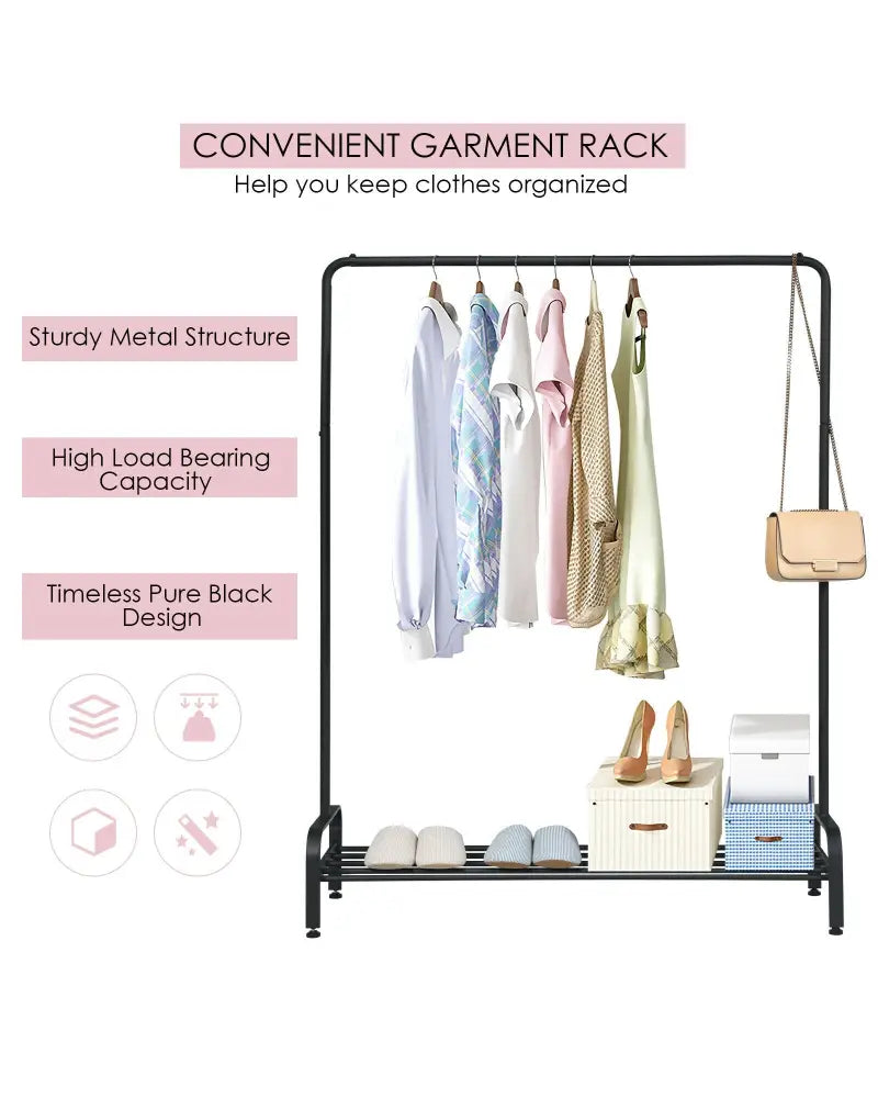 Heavy Duty Clothes Stand Rack with Top Rod and Lower Storage Shelf - Black - Clothing & Closet Storage