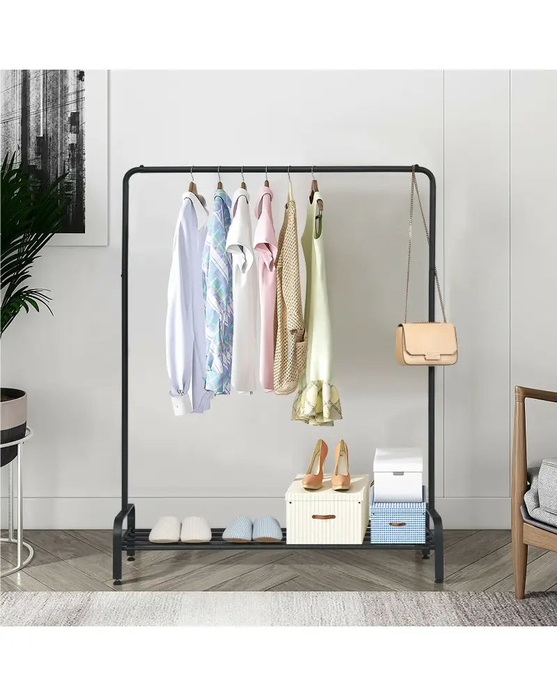 Heavy Duty Clothes Stand Rack with Top Rod and Lower Storage Shelf - Black - Clothing & Closet Storage