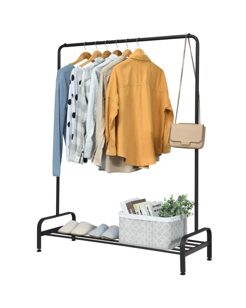 Heavy Duty Clothes Stand Rack with Top Rod and Lower Storage Shelf - Black - Clothing & Closet Storage