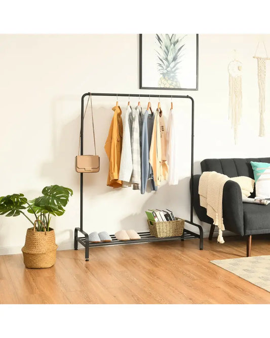 Heavy Duty Clothes Stand Rack with Top Rod and Lower Storage Shelf - Black - Clothing & Closet Storage