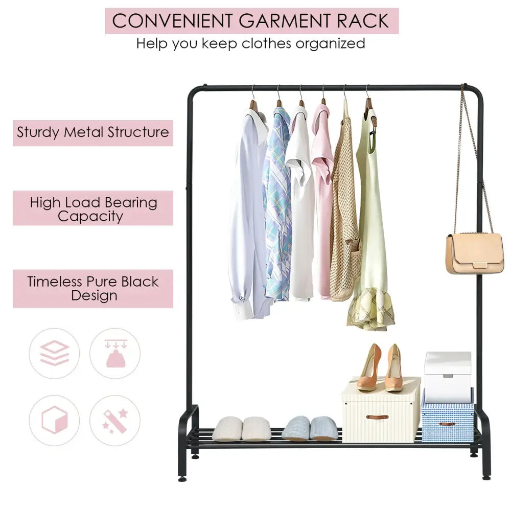 Heavy Duty Clothes Stand Rack with Top Rod and Lower Storage Shelf - Black - Clothing & Closet Storage