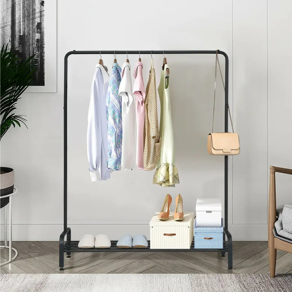 Heavy Duty Clothes Stand Rack with Top Rod and Lower Storage Shelf - Black - Clothing & Closet Storage