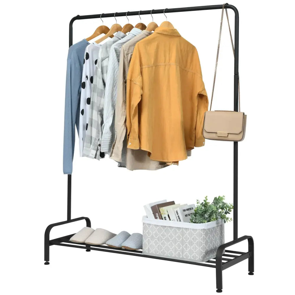 Heavy Duty Clothes Stand Rack with Top Rod and Lower Storage Shelf - Black - Clothing & Closet Storage
