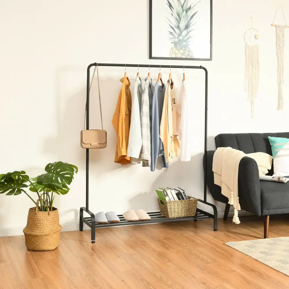 Heavy Duty Clothes Stand Rack with Top Rod and Lower Storage Shelf - Black - Clothing & Closet Storage