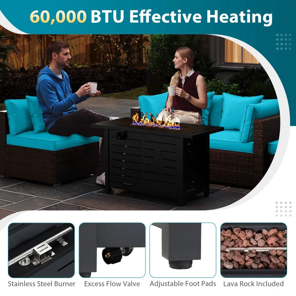 Heavy-duty Frame Rattan Sofa Set with 60000 BTU Firepit Table-Turquoise - Turquoise - Outdoor Sectionals