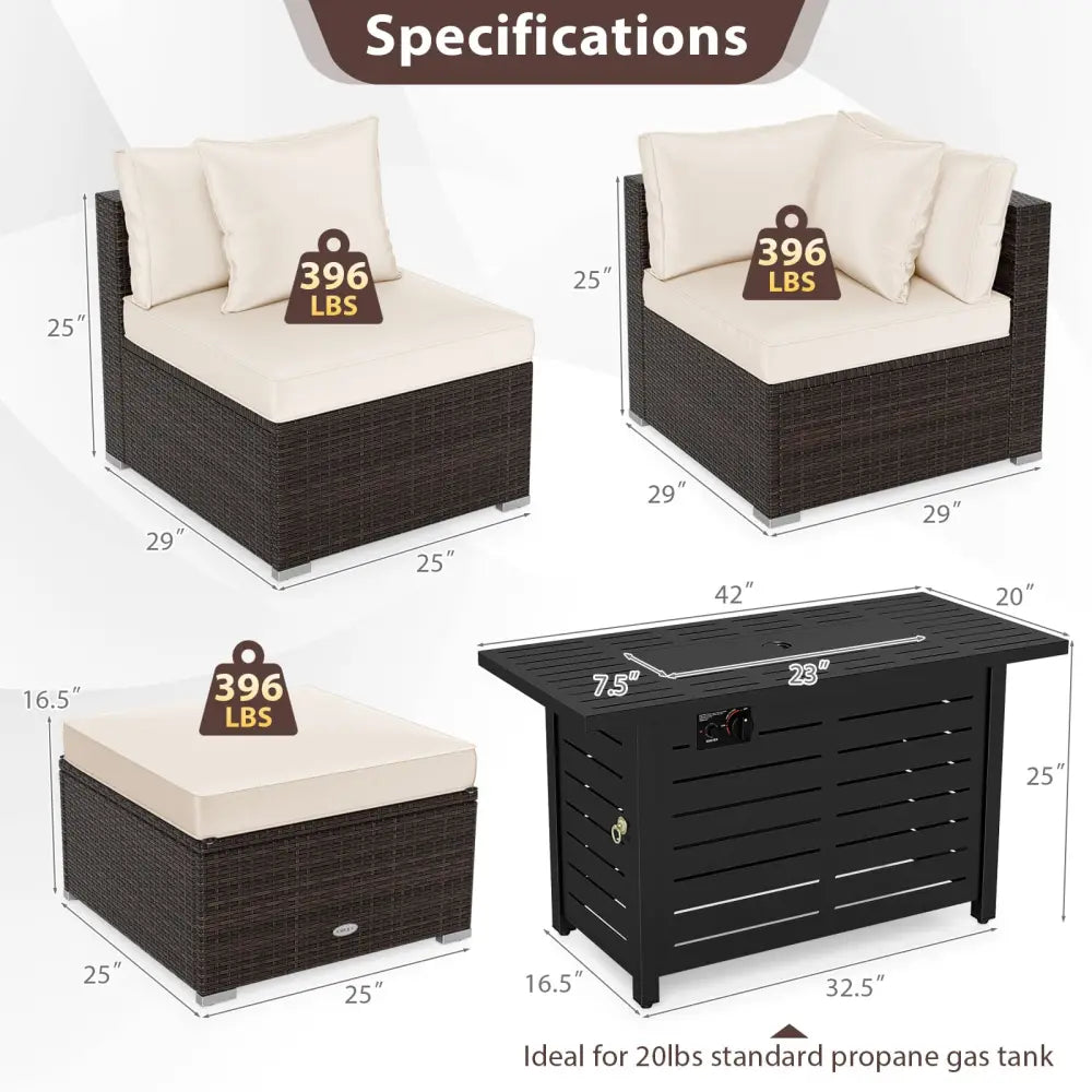 Heavy-duty Frame Rattan Sofa Set with 60000 BTU Firepit Table-Off White - Off White - Outdoor Sectionals