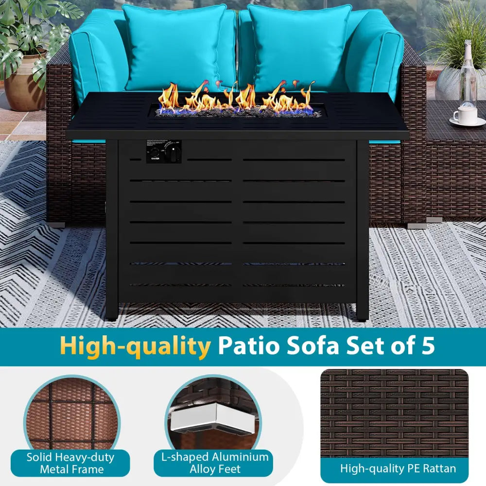 Heavy-duty Frame Rattan Sofa Set with 60000 BTU Firepit Table-Turquoise - Turquoise - Outdoor Sectionals