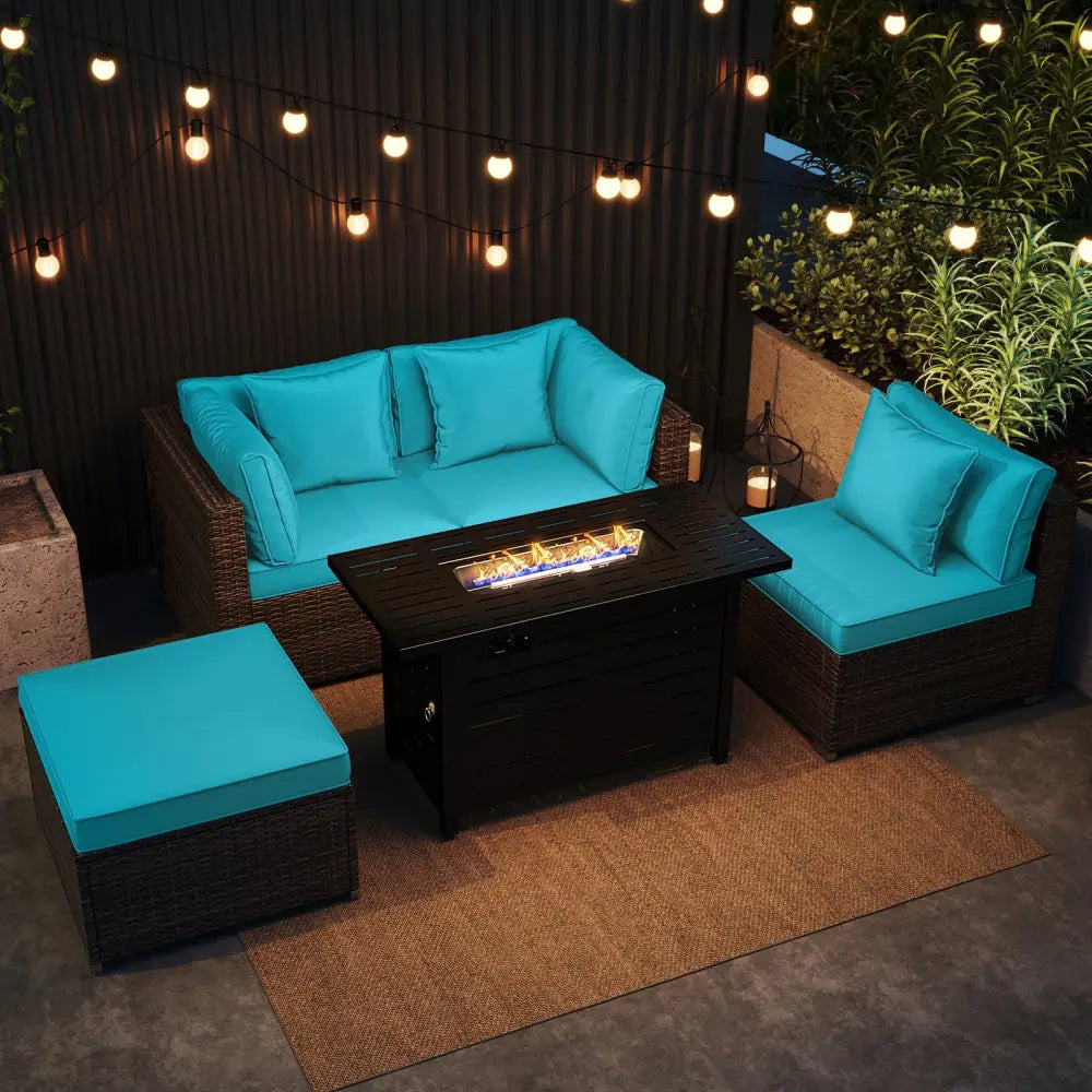 Heavy-duty Frame Rattan Sofa Set with 60000 BTU Firepit Table-Turquoise - Turquoise - Outdoor Sectionals