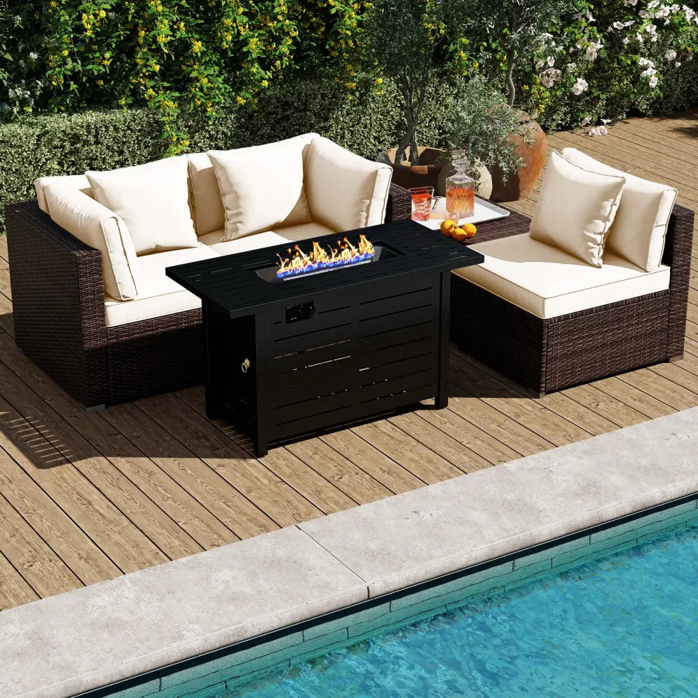 Heavy-duty Frame Rattan Sofa Set with 60000 BTU Firepit Table-Off White - Off White - Outdoor Sectionals