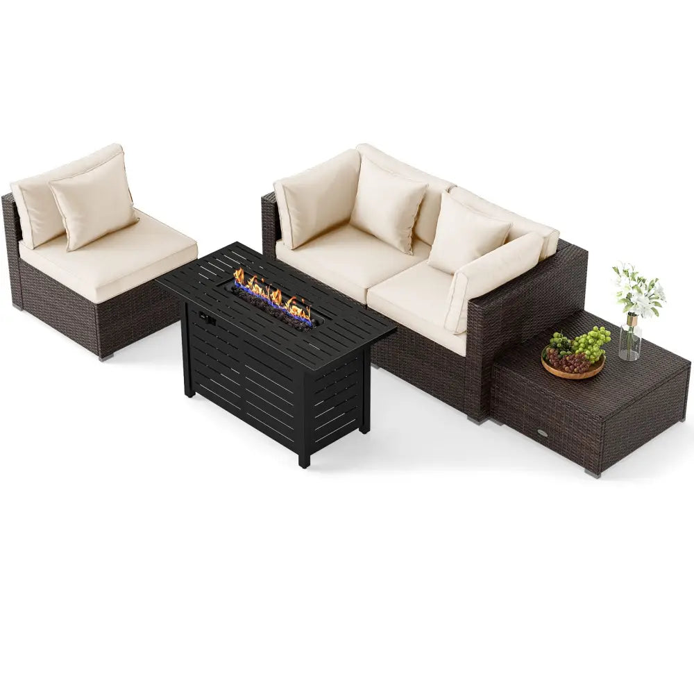 Heavy-duty Frame Rattan Sofa Set with 60000 BTU Firepit Table-Off White - Off White - Outdoor Sectionals