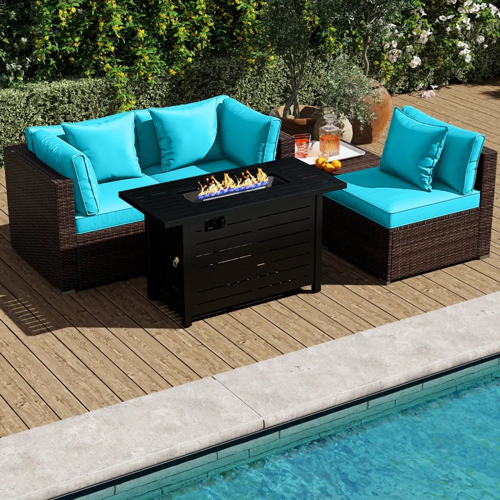 Heavy-duty Frame Rattan Sofa Set with 60000 BTU Firepit Table-Turquoise - Turquoise - Outdoor Sectionals