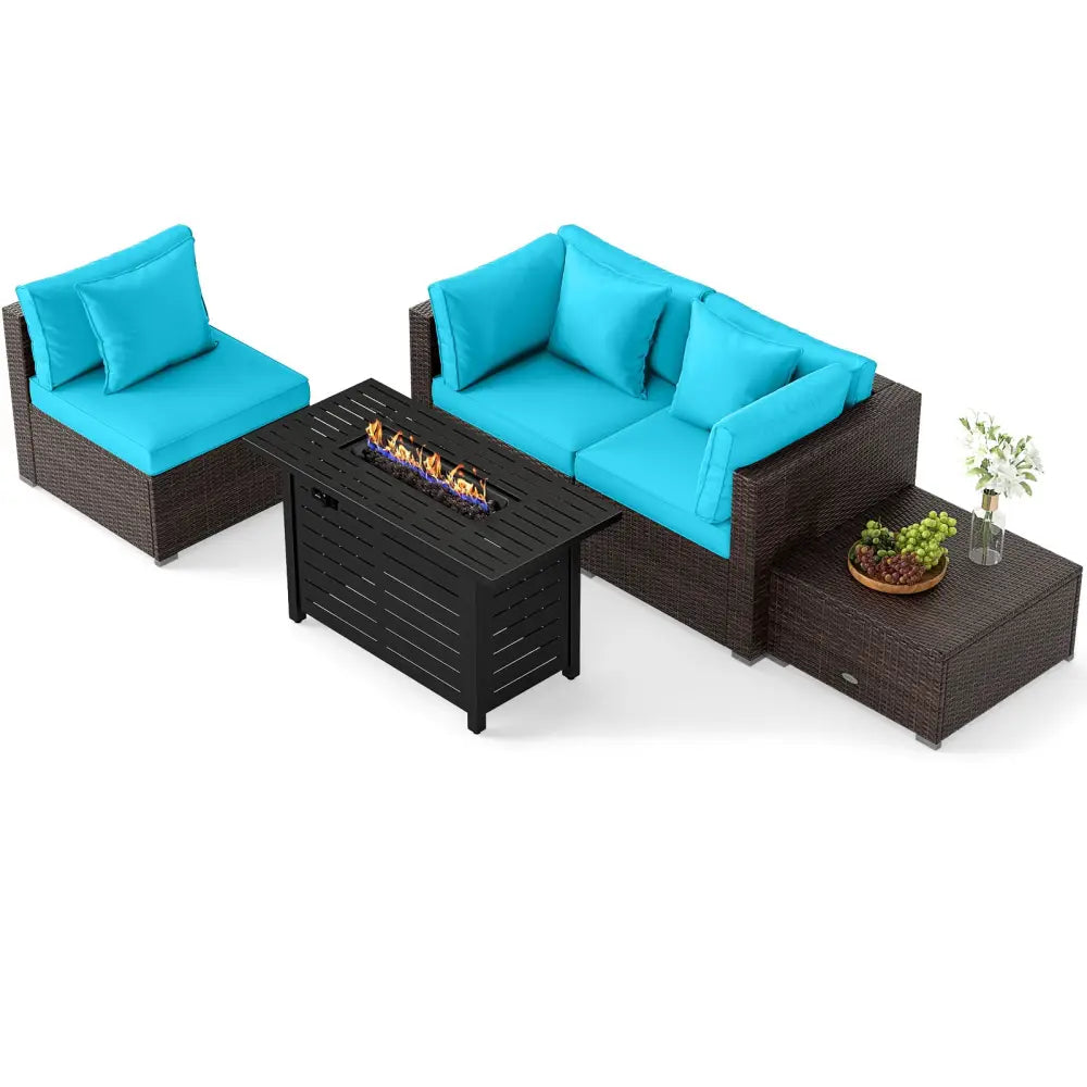Heavy-duty Frame Rattan Sofa Set with 60000 BTU Firepit Table-Turquoise - Turquoise - Outdoor Sectionals
