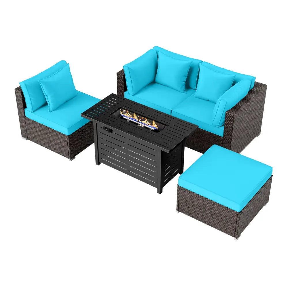 Heavy-duty Frame Rattan Sofa Set with 60000 BTU Firepit Table-Turquoise - Turquoise - Outdoor Sectionals