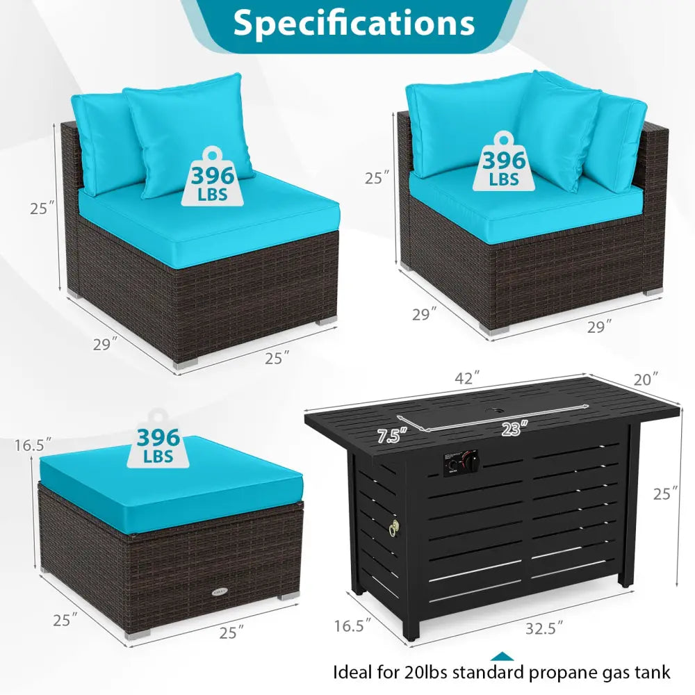 Heavy-duty Frame Rattan Sofa Set with 60000 BTU Firepit Table-Turquoise - Turquoise - Outdoor Sectionals