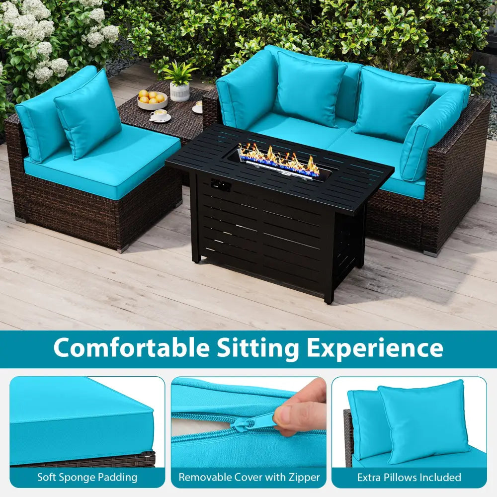 Heavy-duty Frame Rattan Sofa Set with 60000 BTU Firepit Table-Turquoise - Turquoise - Outdoor Sectionals