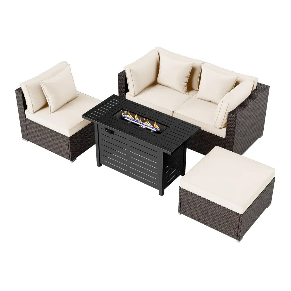 Heavy-duty Frame Rattan Sofa Set with 60000 BTU Firepit Table-Off White - Off White - Outdoor Sectionals