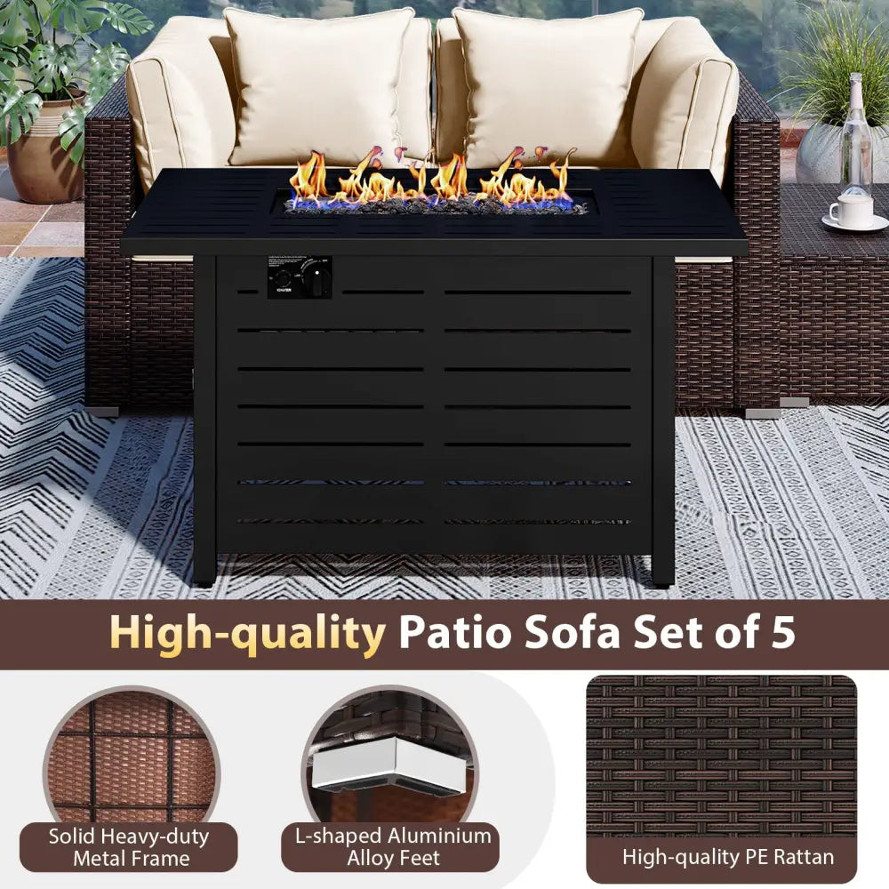 Heavy-duty Frame Rattan Sofa Set with 60000 BTU Firepit Table-Off White - Off White - Outdoor Sectionals