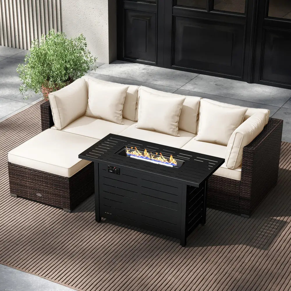Heavy-duty Frame Rattan Sofa Set with 60000 BTU Firepit Table-Off White - Off White - Outdoor Sectionals