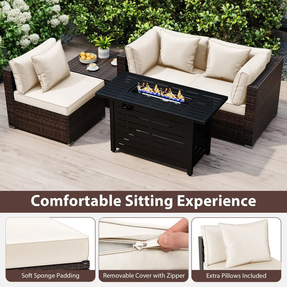 Heavy-duty Frame Rattan Sofa Set with 60000 BTU Firepit Table-Off White - Off White - Outdoor Sectionals