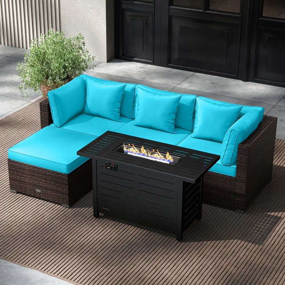 Heavy-duty Frame Rattan Sofa Set with 60000 BTU Firepit Table-Turquoise - Turquoise - Outdoor Sectionals