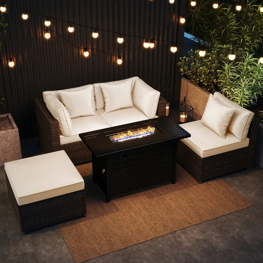 Heavy-duty Frame Rattan Sofa Set with 60000 BTU Firepit Table-Off White - Off White - Outdoor Sectionals