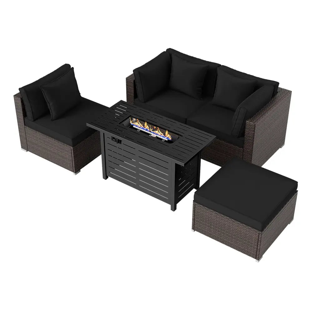 Heavy-duty Frame Rattan Sofa Set with 60000 BTU Firepit Table-Black - Black - Outdoor Sectionals